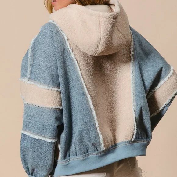 BIBI Oversized Patchwork Hoodie – Denim & Sherpa Zip Up, Streetwear Style - Picture 10 of 15